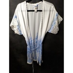 In Bloom by‎ Jonquil Women's Boho Semisheer Lingerie Robe White Blue Chic Flowy